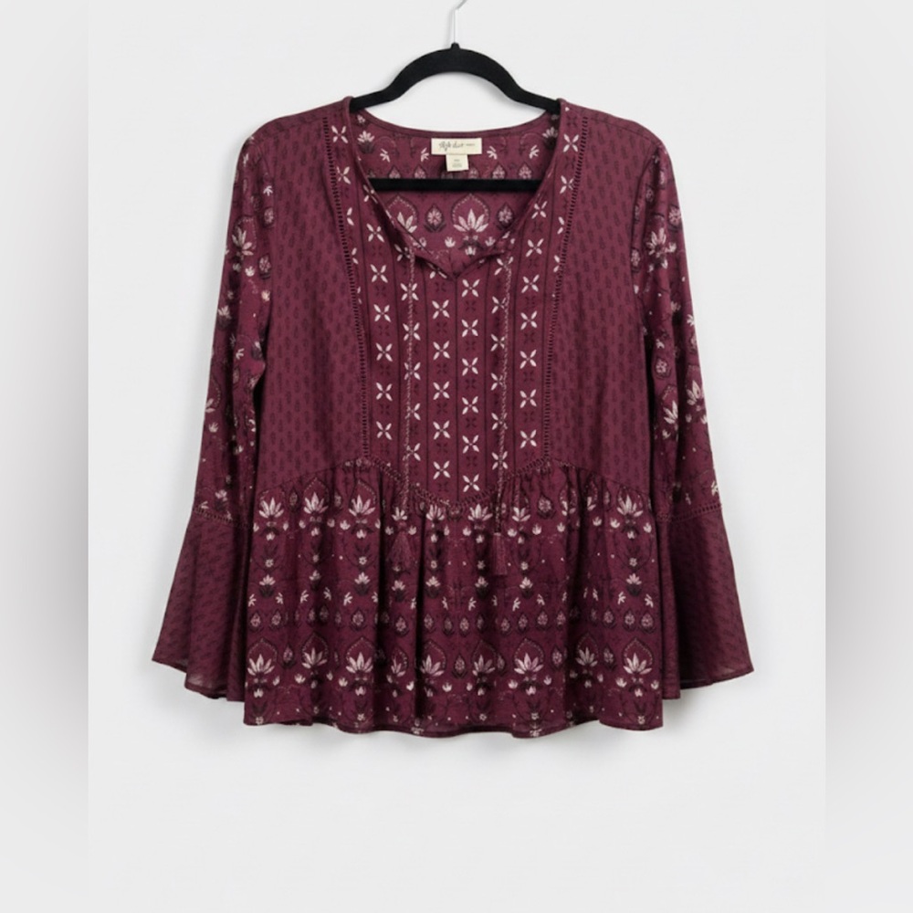 Style & Co. Boho Bell Sleeve Tassel Top Burgundy Floral Peplum